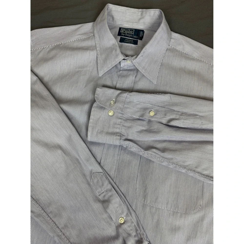 VTG Polo Ralph Lauren Andrew Classic Fit Pinstripe Shirt Blue White 16.5 34/35